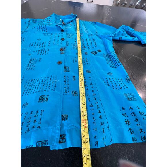 Chico's Design teal blue 100% Silk button up with Asian print 8 or Chicos 1 - Picture 9 of 12